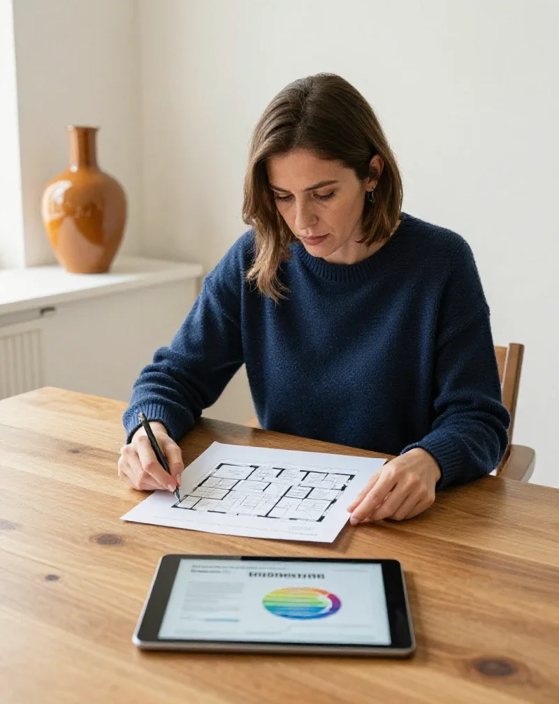 Una mujer revisa planos y datos técnicos para tomar decisiones informadas sobre su hogar.